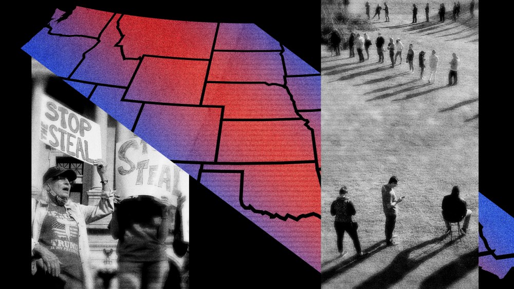 Illustration showing a map of the United States with blue and red and a photo of protesters after the 2020 election.