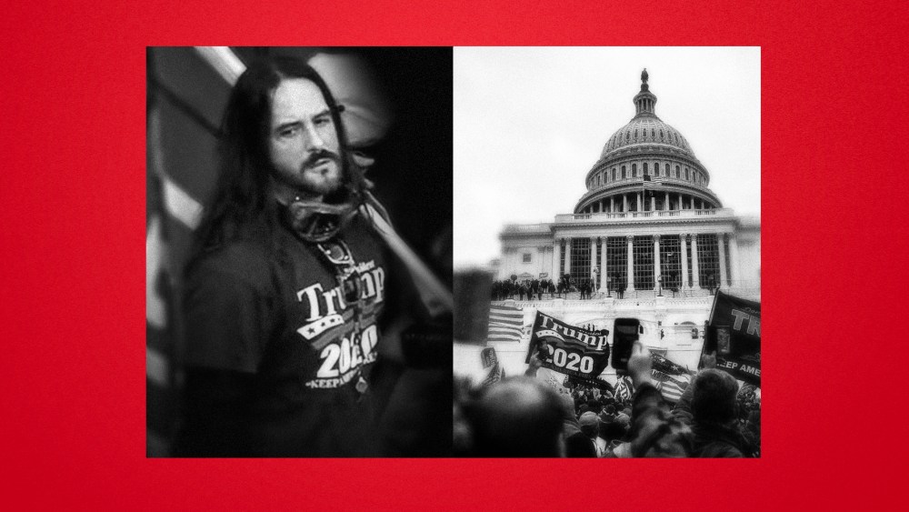 Illustration of Paul Allard Hodgkins and a photo of the riot at the Capitol on Jan. 6, 2021.