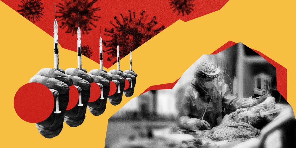 Illustration of a hand holding a Covid-19 vaccine, Covid-19 virus spores, and a healthcare worker treating a patient in a hospital.