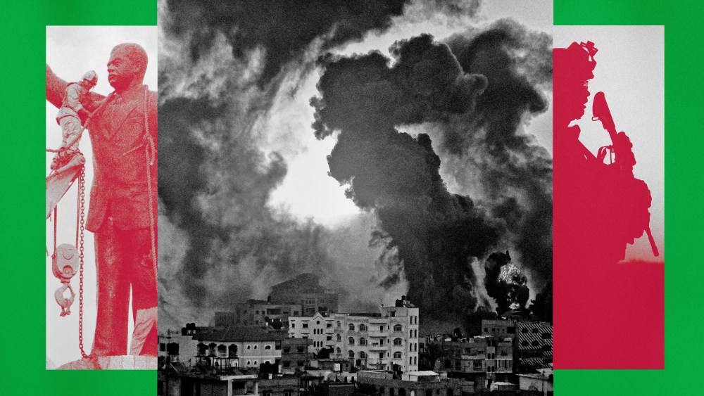Illustration of photos that show the toppling of a statue of Saddam Hussein in Iraq and a fire following an Israeli airstrike in the Gaza Strip in 2021, and U.S. forces in Afghanistan.