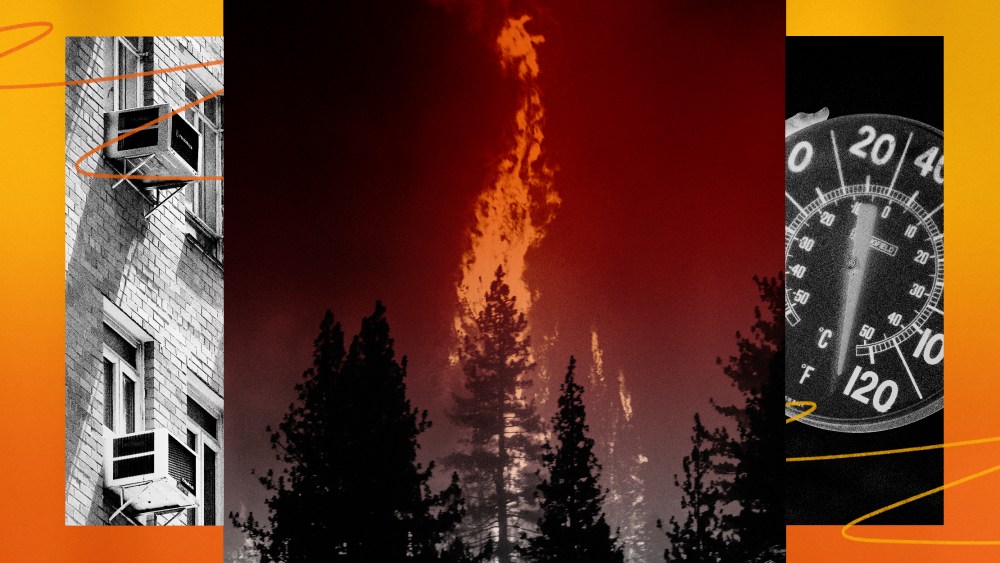 Illustration of air conditioners, trees on fire in California, and a temperature gauge showing over 120 degrees Fahrenheit.
