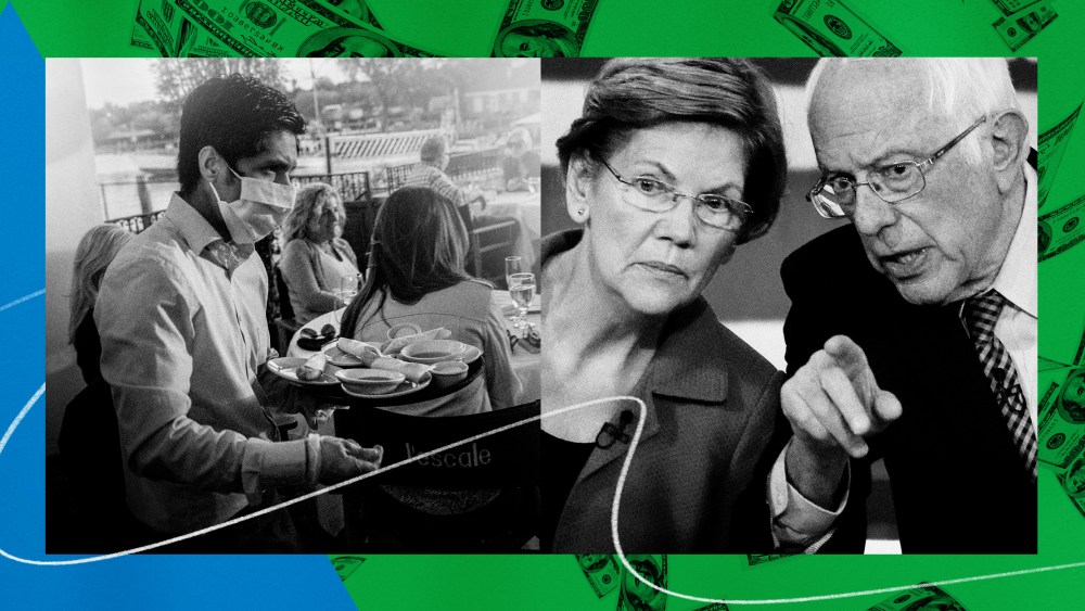 Illustration of a waiter wearing a mask carrying food and drinks at a restaurant and Senators Elizabeth Warren and Bernie Sanders.