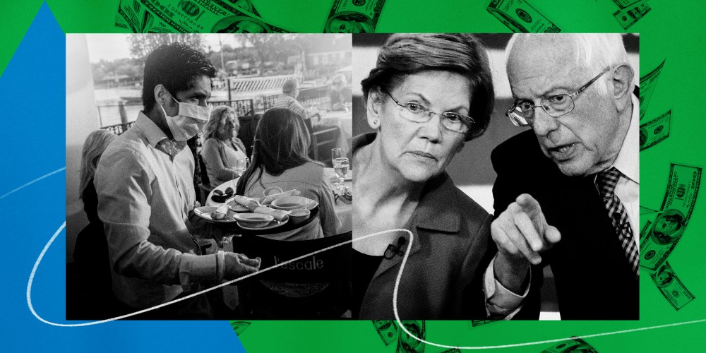 Illustration of a waiter wearing a mask carrying food and drinks at a restaurant and Senators Elizabeth Warren and Bernie Sanders.