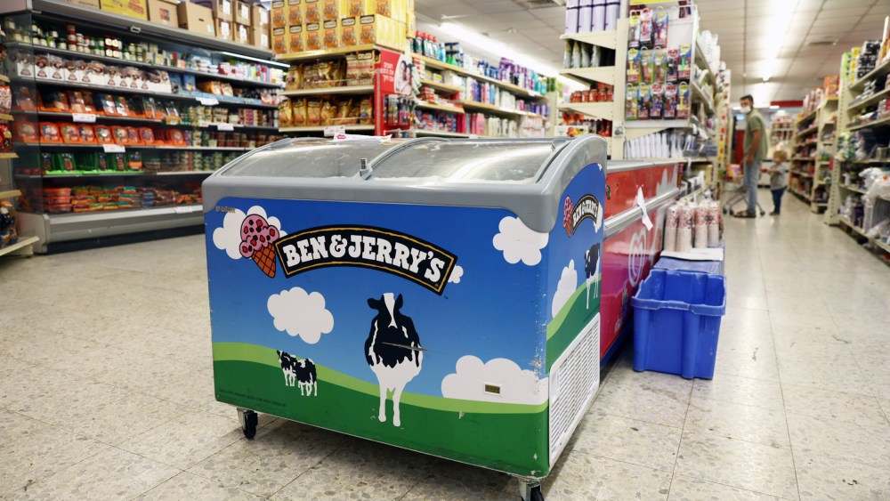Image: A refrigerator bearing the Ben & Jerry's logo is seen at a food store in the Jewish settlement of Efrat in the Israeli-occupied West Bank