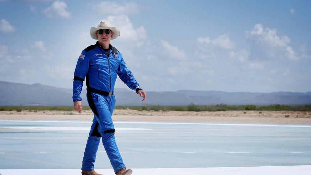 Image: Jeff Bezos near the Blue Origin New Shepard in Van Horn, Texas, on July 20, 2021.