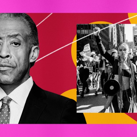 Illustration of MSNBC host Al Sharpton and a Black Lives Matter protest,