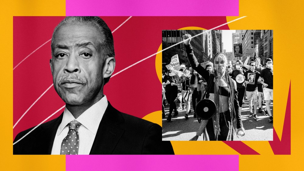 Illustration of MSNBC host Al Sharpton and a Black Lives Matter protest,