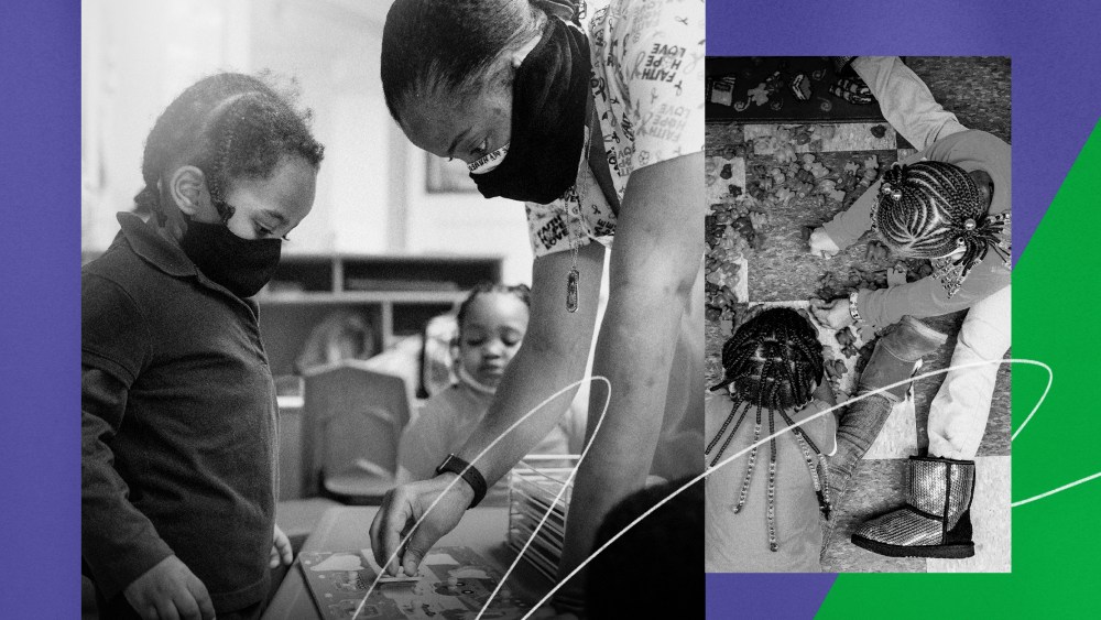 Illustration of photos of children at daycare during the Covid-19 pandemic.