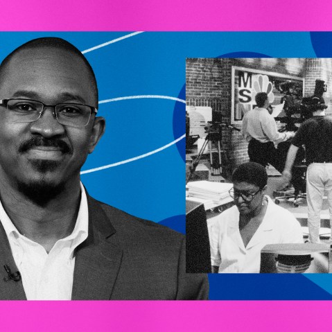Illustration of MSNBC host Joshua Johnson and a MSNBC newsroom in 1996.