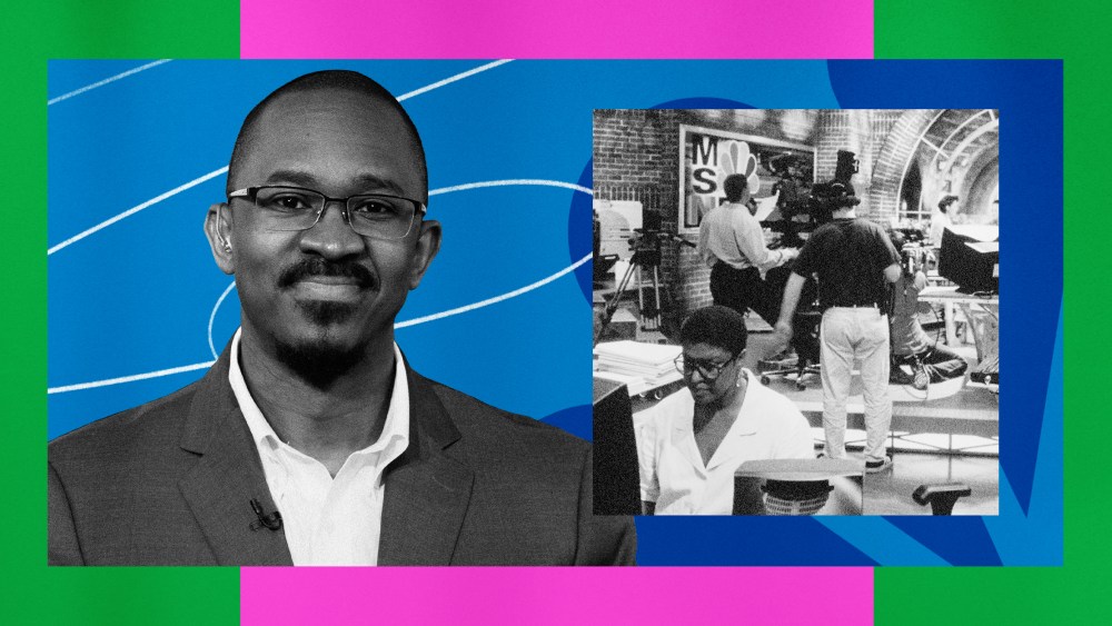 Illustration of MSNBC host Joshua Johnson and a MSNBC newsroom in 1996.
