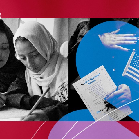 Illustration of a photo of two young Afghan girls at school and of a woman saying the Pledge of Allegiance at a citizenship ceremony.