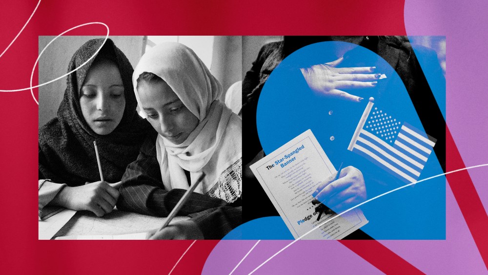 Illustration of a photo of two young Afghan girls at school and of a woman saying the Pledge of Allegiance at a citizenship ceremony.