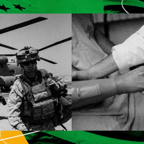 Illustration of American troops in Afghanistan and a wounded veteran's prosthetic arm being held by a doctor.
