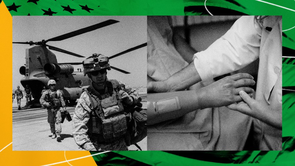 Illustration of American troops in Afghanistan and a wounded veteran's prosthetic arm being held by a doctor.