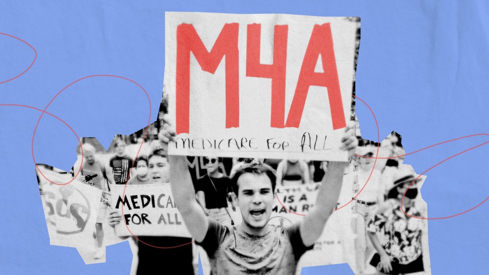 Illustration of a photo showing protesters attending a Medicare for All Rally on July 24, 2021 in Milwaukee.