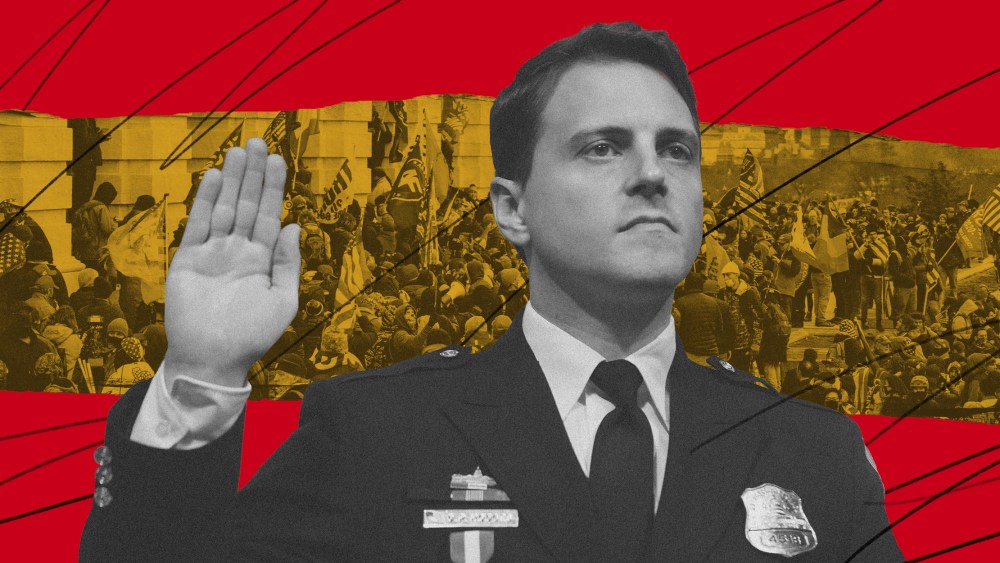 Illustration of DC Metropolitan Police Department officer Daniel Hodges and a scene of rioters at the Capitol on Jan. 6, 2021.