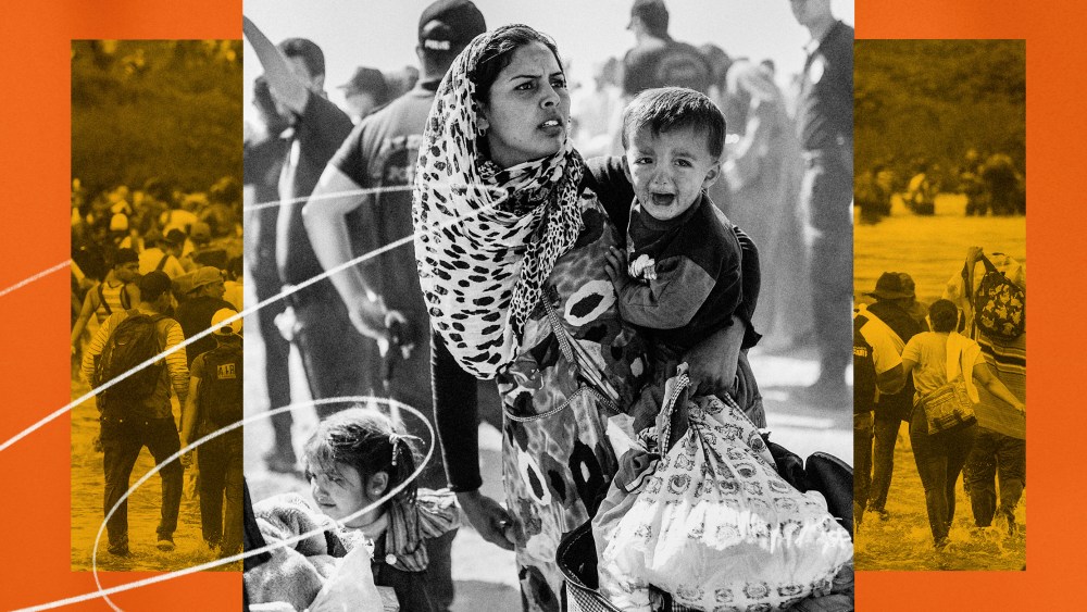 Illustration of Central American migrants crossing a river and a Syrian refugee mother and children.