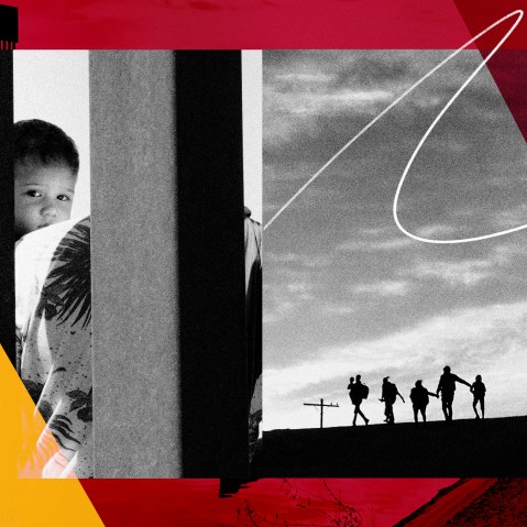 Illustration of a young child behind the border fence separating the U.S. and Mexico and a group of migrants crossing the border fence.