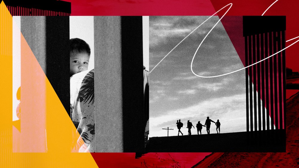 Illustration of a young child behind the border fence separating the U.S. and Mexico and a group of migrants crossing the border fence.