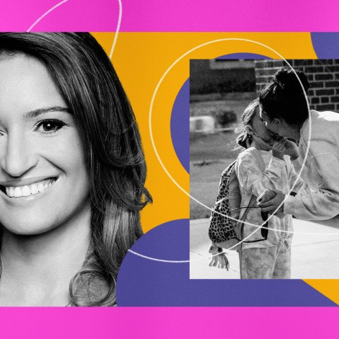 Illustration of MSNBC host Katy Tur and a photo of a mother kissing her daughter.