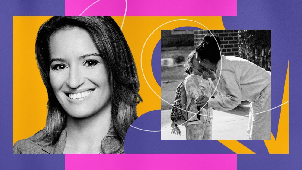 Illustration of MSNBC host Katy Tur and a photo of a mother kissing her daughter.