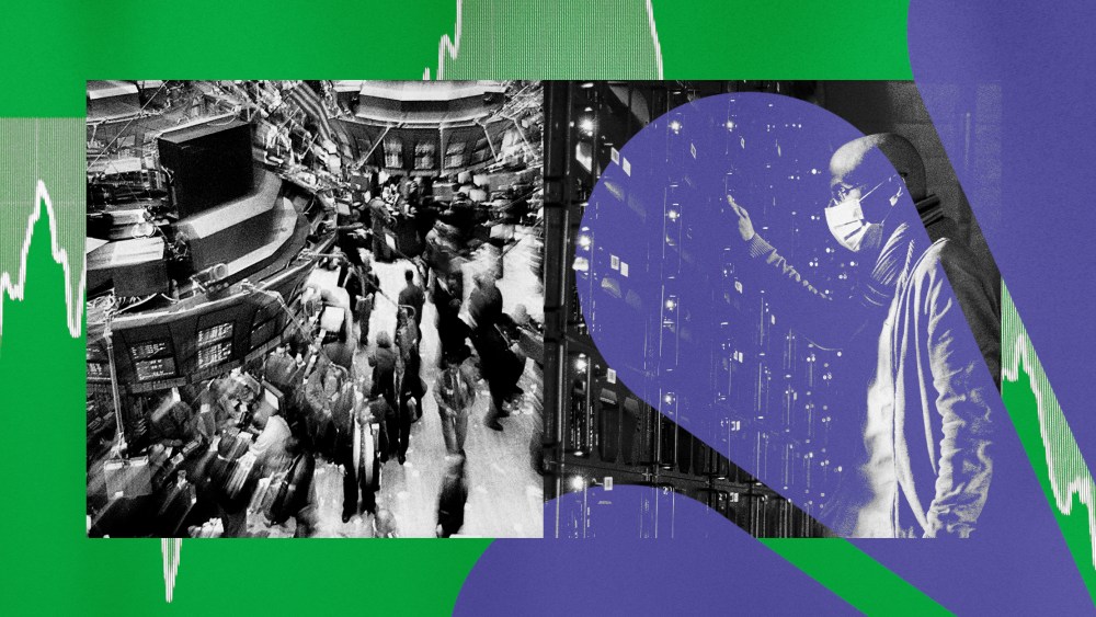 Illustration shows photos of the Wall Street Stock Exchange floor in the 1990s and of a man at a cryptocurrency mine.