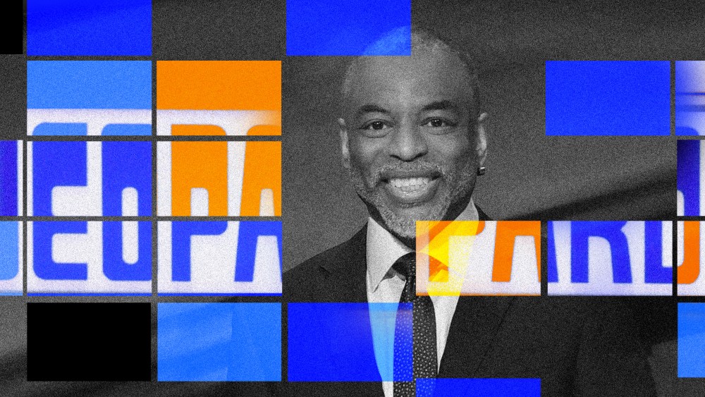 Photo illustration: Blue and yellow tiles mosaic reveal the Jeopardy logo over an image of of LeVar Burton.