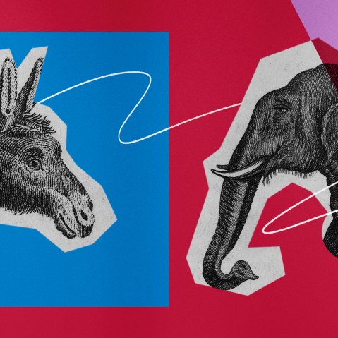 Illustration of the Democratic Donkey and Republican Elephant facing one another