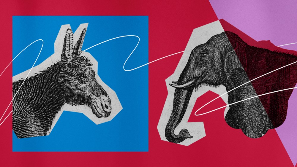 Illustration of the Democratic Donkey and Republican Elephant facing one another