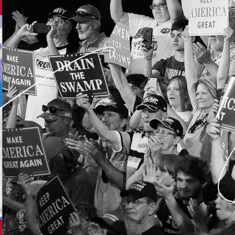 Illustration of photos of Bernie Sanders supporters, Donald Trump supporters, and buttons for Joe Biden.