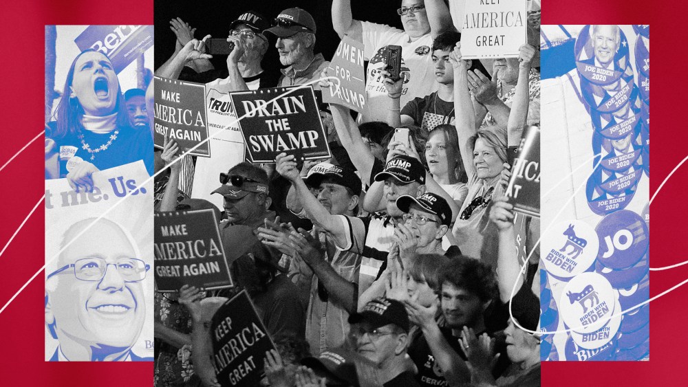 Illustration of photos of Bernie Sanders supporters, Donald Trump supporters, and buttons for Joe Biden.