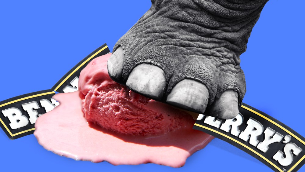 Photo illustration: A elephant foot stepping over a scoop of ice creams with broken pieces of the Ben & Jerry's logo.