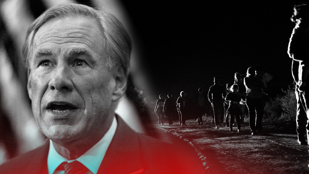 Photo illustration: Images of Greg Abbott and of immigrants seeking asylum walking to the border patrol processing facility in Roma, Texas.