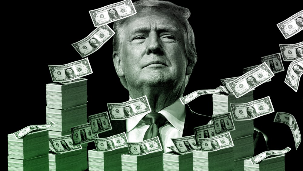 Photo illustration: Donald Trump surrounded by piles of money.