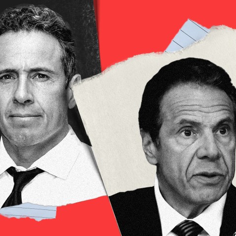 Photo illustration: Pieces of paper with images of Chris Cuomo and Andrew Cuomo.