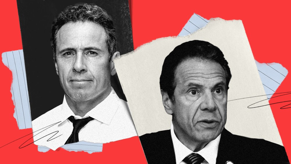 Photo illustration: Pieces of paper with images of Chris Cuomo and Andrew Cuomo.