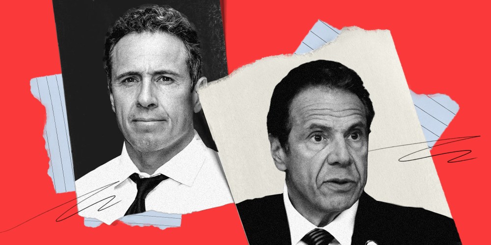 Photo illustration: Pieces of paper with images of Chris Cuomo and Andrew Cuomo.