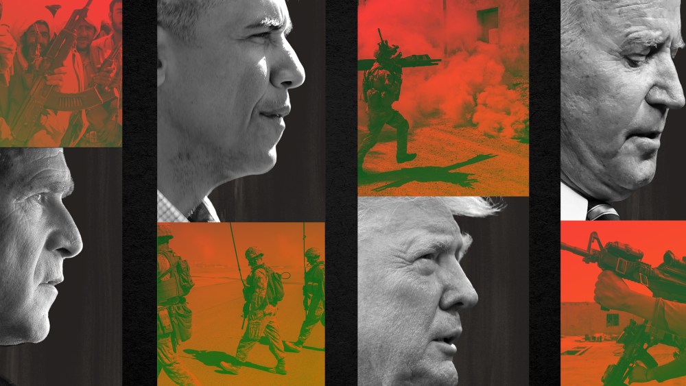 Photo collage: Images of Taliban soldiers, George W Bush, Barack Obama, soldiers in Afghanistan, Donald Trump, Joe Biden and a member of Afghan Armed Forces.