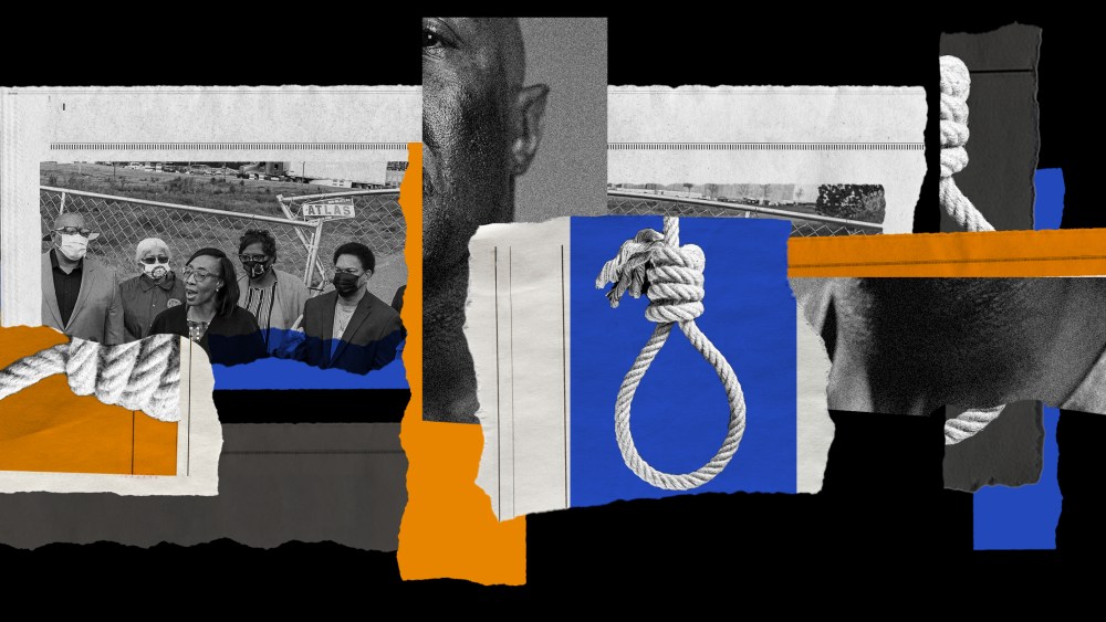 Photo illustration: Fragments of images of a a press conference on a construction site, a hanging noose, and an African American man's face and neck on newspaper pieces.