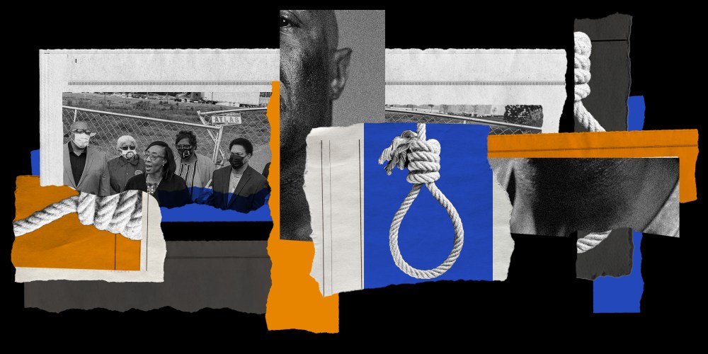 Photo illustration: Fragments of images of a a press conference on a construction site, a hanging noose, and an African American man's face and neck on newspaper pieces.