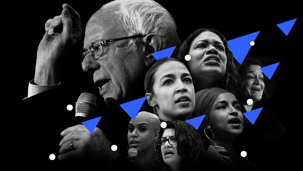 Photo illustration: Bernie Sanders, Ayanna Pressley, Rashida Tlaib, Alexandria Ocasio Cortez, Cori Bush and Ilhan Omar.