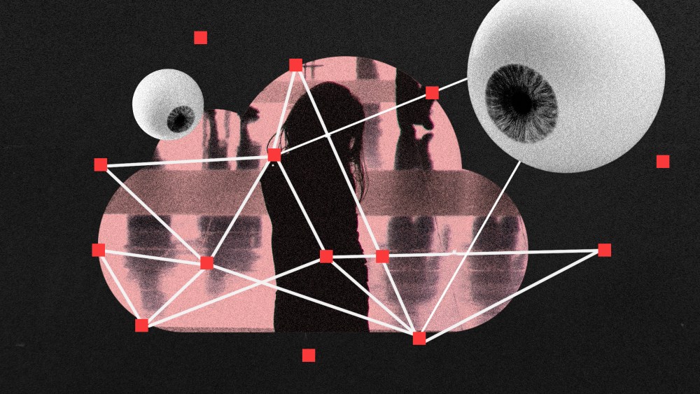 Photo illustration: Two eyeballs hovering over a cloud shaped image of a child in the shadows. Scan lines and nodes overlay the image.