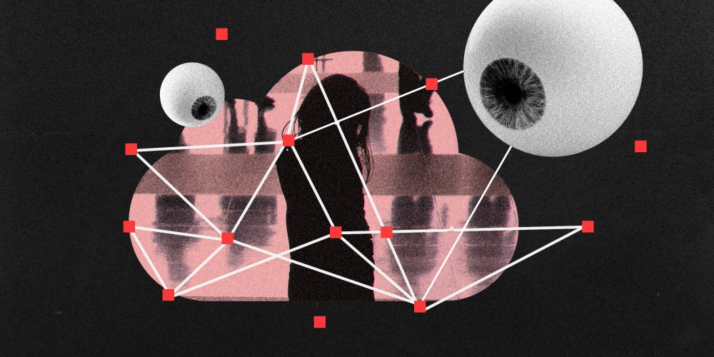 Photo illustration: Two eyeballs hovering over a cloud shaped image of a child in the shadows. Scan lines and nodes overlay the image.