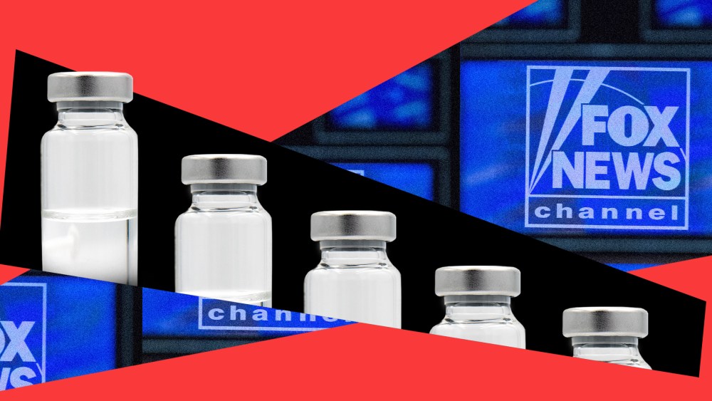 Photo illustration: A spotlight in the background shows screens that read,"Fox News" and a black strip in the foreground with vaccine vials becoming smaller.