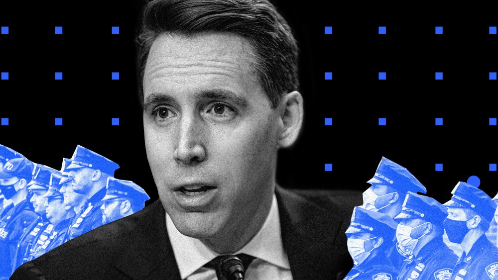 Photo illustration: Josh Hawley against a line of police officers and a grid of small blue squares in the background.