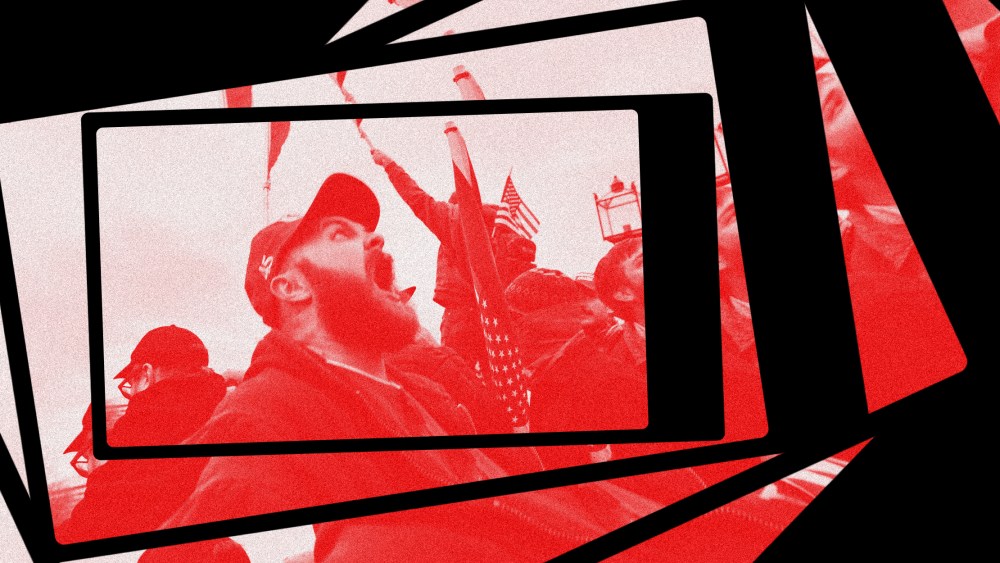 Photo illustration: Image of a man screaming at a rally inside a phone repeating and spiraling.