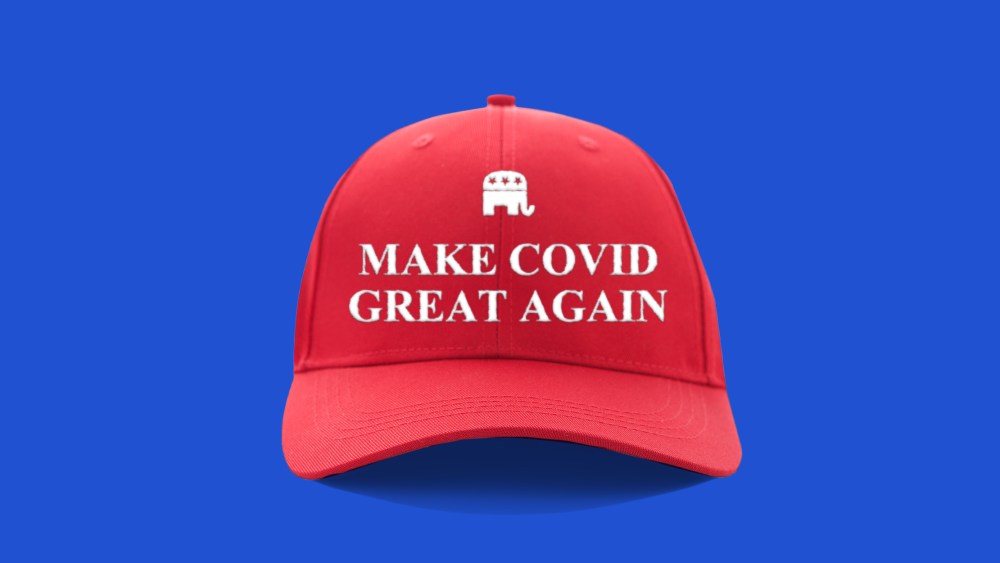 Photo illustration: A red cap that reads,"Make Covid Great Again" with the Republican party elephant above it.