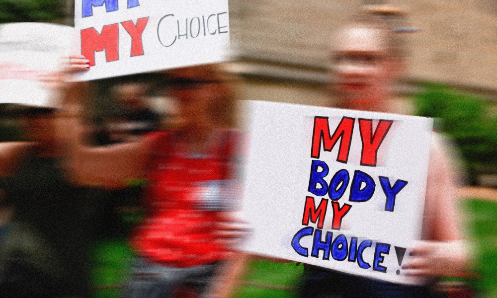 Image: A protestor holding a placard that reads,"MY BODY MY CHOICE!"