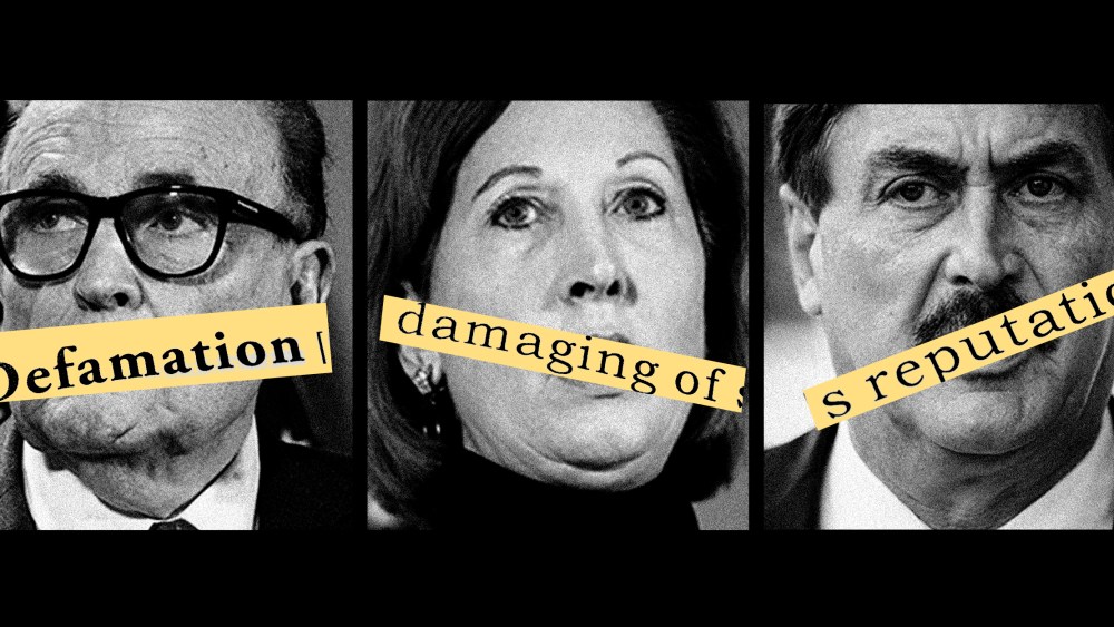 Photo illustration: Images of Rudy Giuliani, Sidney Powell and Mike Lindell with yellow strips over them that read,"Defamation", "damaging of" and "reputation".