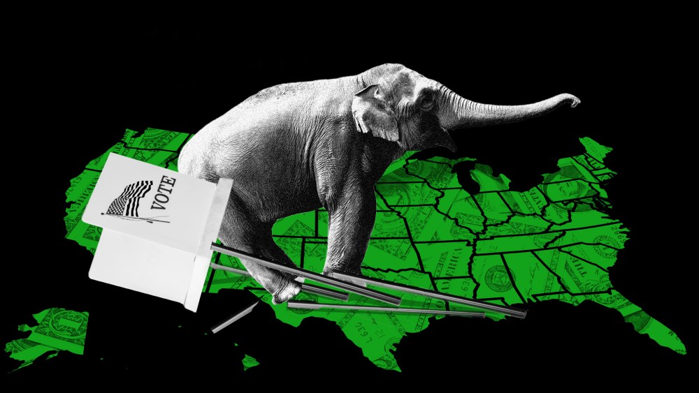 Photo illustration: An elephant stands over a broken voting booth on top of the U.S state map which has dollar bills in them.